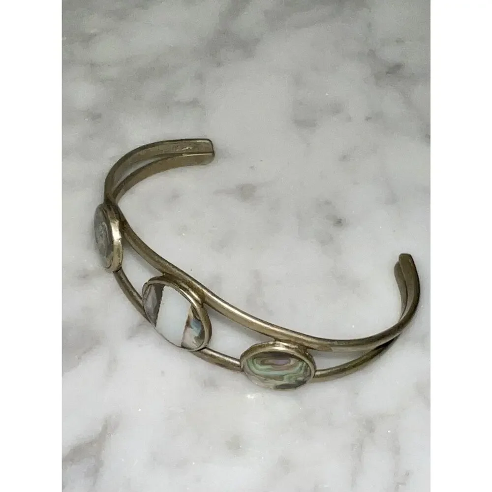 Vintage Hecho Mexico Silver Abalone Inlay Cuff Bracelet